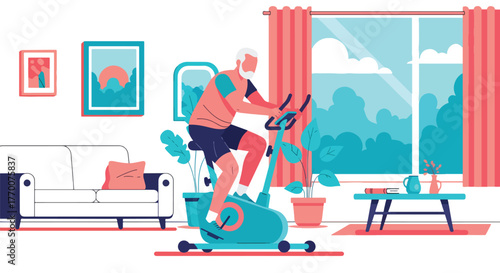 Flat vector of elderly man using stationary bike indoors, maintaining fitness and active health routine
