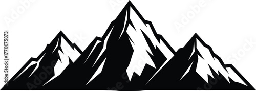 Mountain silhouette vector, sharp peak illustration, black and white nature graphic, outdoor adventure icon, alpine ridge design, snow summit