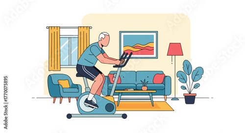 Flat vector of elderly man using stationary bike indoors, maintaining fitness and active health routine