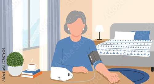 Flat vector of senior woman measuring blood pressure at home, wellness, awareness, and healthy lifestyle