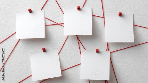 Notes Connected by Red Threads on a Wall, Symbolizing Investigation and Analysis in a Creative Workspace Environment