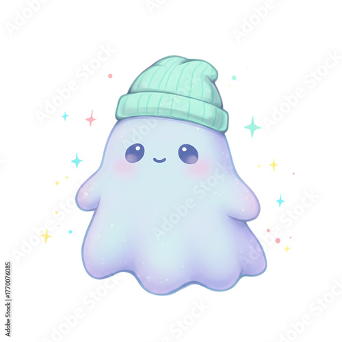 Cute ghost wearing a beanie surrounded by colorful stars on transparent background