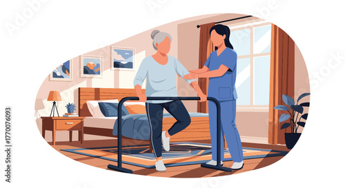 Flat vector of senior elderly woman doing balance therapy with trainer, promoting strength, stability, and safe movement
