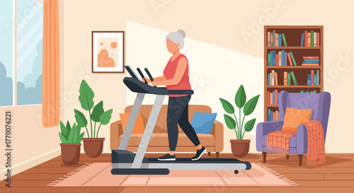 Flat vector of senior woman walking on treadmill at home gym, promoting health, independence, and longevity
