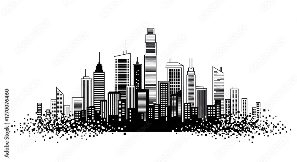 Naklejka premium Modern city skyline illustration with vibrant glowing accents, perfect for futuristic technology concepts and urban development projects, conveying innovation