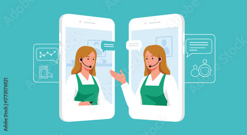 Two female customer service representatives provide virtual support and online consultation via smartphone applications.