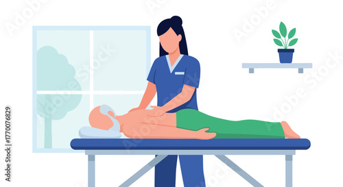 Flat vector of senior man receiving physiotherapy from doctor in clinic, physical recovery and rehabilitation theme