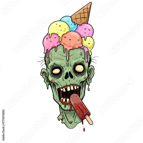 Cartoon zombie with ice cream on his head eating a popsicle on transparent background