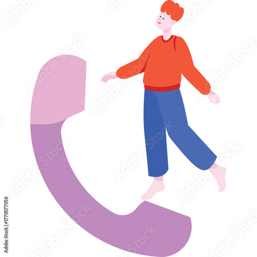 Red Haired Person Wearing Orange Sweater Blue Pants Balancing on a Large Pink and Purple Phone Illustration on Transparent Background