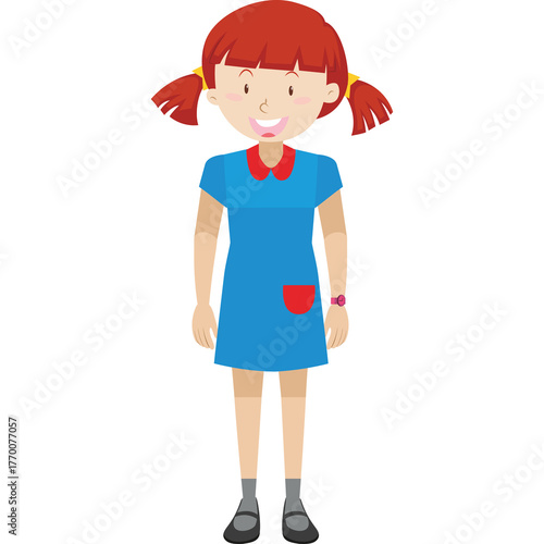 Red Haired Girl With Pigtails Wearing Blue Dress And Red Collar Standing Against White Background