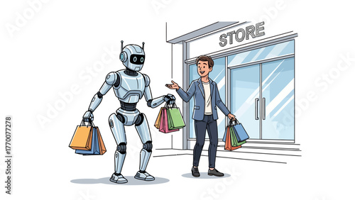 Robot carrying shopping bags helps a man with his bags outside a store