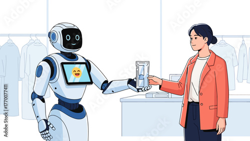 Robot handing a package to a person in a store
