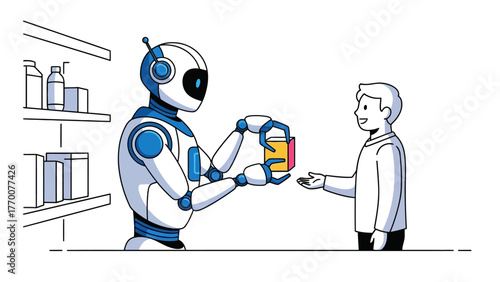 Robot hands a box to a smiling person in front of shelves