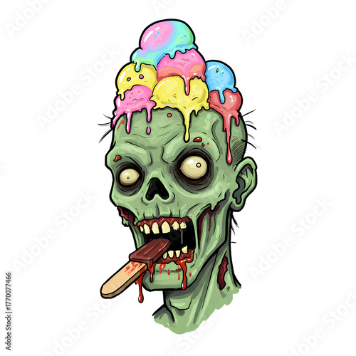 Cartoon zombie head with melting ice cream and popsicle for halloween designs on transparent background