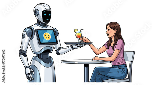 Robot presenting a drink to a woman at a table