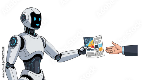 Robot presenting a brochure to a human hand