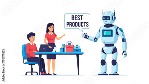 Robot presenting Best Products to two people at a desk