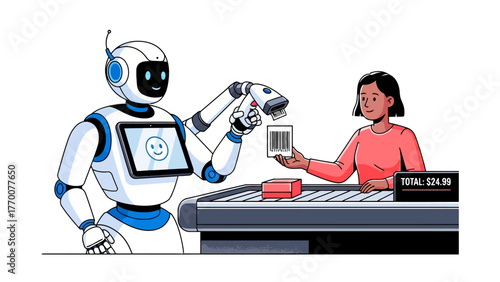Robot scans barcode held by a smiling woman at a checkout counter