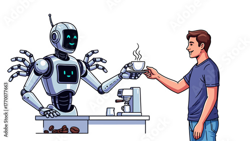 Robot serving coffee to a smiling man