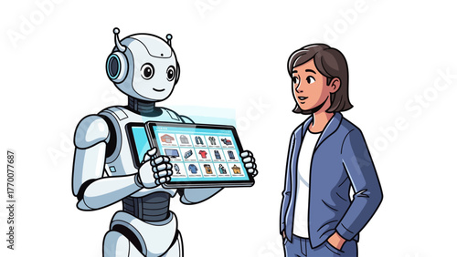 Robot shows clothing and products on a tablet to a woman