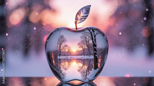 A magical winter landscape reflected inside a crystal-clear glass apple the scene inside the apple, AI Generative