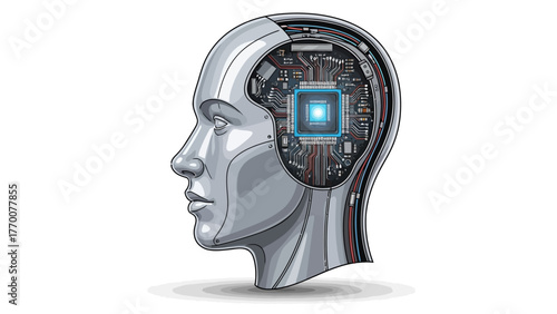 Robotic head profile with visible circuitry and a central blue processor