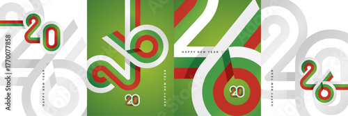 Set of Happy New Year 2026 logo design template. Trendy minimalist vector typography in the shape of a Bulgaria ribbon flag for 2026. Concept for branding, calendar, greeting card, banner, poster