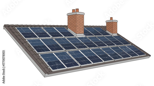 Solar panels on a rooftop with chimneys