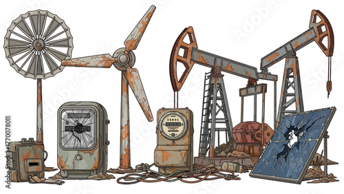 Rusty broken energy infrastructure wind turbines oil pumps solar panel meters