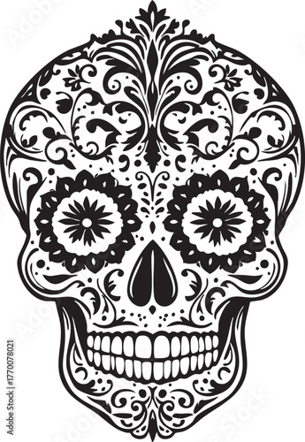 Ornate sugar skull with floral patterns, black and white Día de los Muertos vector for seasonal, cultural, and editorial use