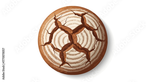 Top view of a round loaf of bread with brown crust and cracks
