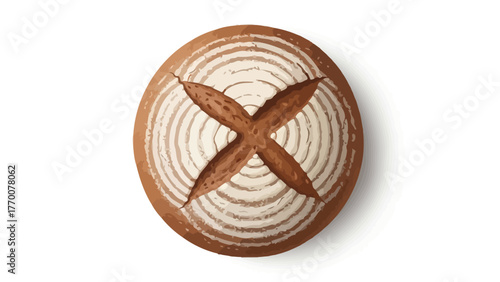 Topdown view of a round loaf of bread with an Xshaped score