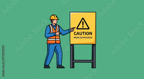 Construction worker pointing at caution sign, safety first.
