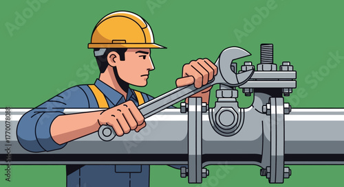 Cartoon Worker Tightening Bolt on Pipe with Wrench.
