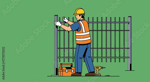Construction Worker Installing a Fence with Safety Gear.