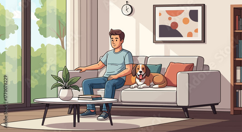 Serene afternoon scene depicting a man relaxing with his beagle in a bright living room