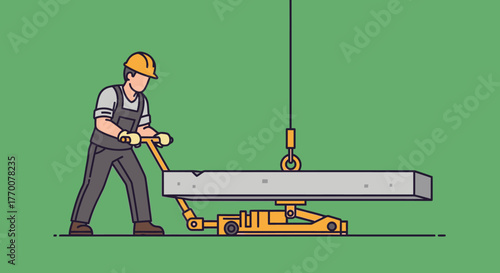 Construction Worker Lifting Concrete Slab with Crane and Lever.