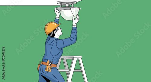 Electrician on Ladder Fixing Light Fixture Illustration.