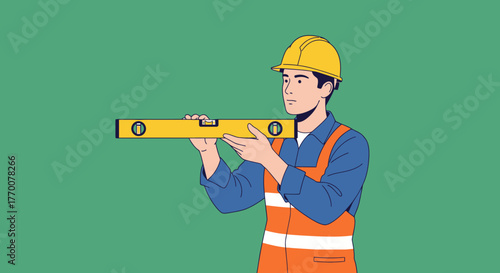 Construction Worker Checking Level with Spirit Level Tool.