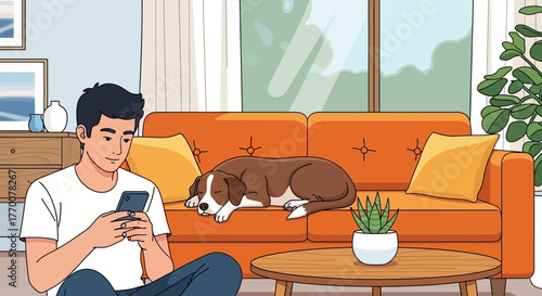 Relaxed afternoon indoors: Man on phone with dog napping peacefully on the orange couch