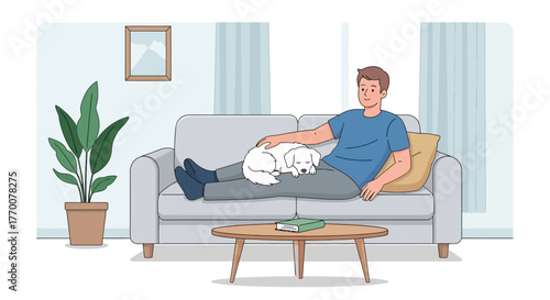 Relaxing afternoon with a canine companion on the sofa in a cozy living room illustration