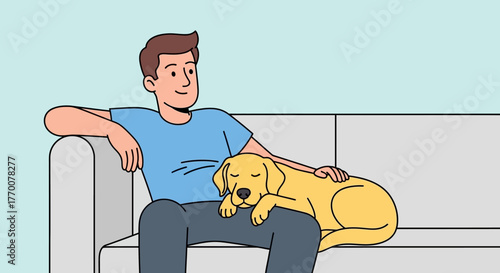 Relaxing afternoon a man is lounging on a sofa with his dog snuggling on his lap indoors