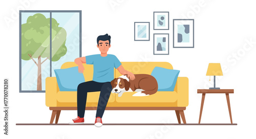 Man relaxing with his dog on the sofa at home creating a cozy and comforting indoor scene