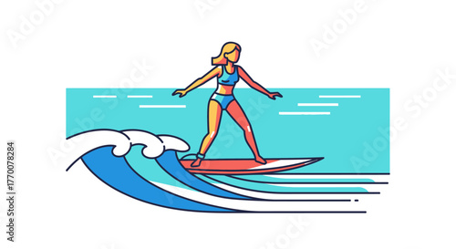 Stylish cartoon illustration of a surfer girl riding a wave in the ocean creating a summery vibe