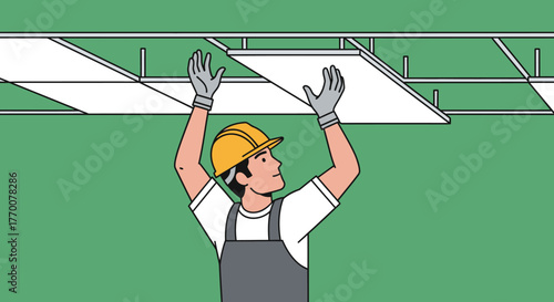 Construction Worker Installing Ceiling Tiles in a Grid System.