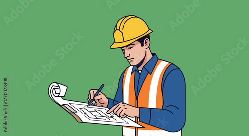 Construction Worker Reviewing Blueprint with Focused Attention.