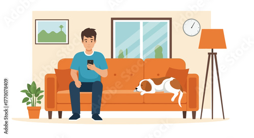 Relaxed modern living: Man on phone, sleeping dog, minimalist design, cozy illustration