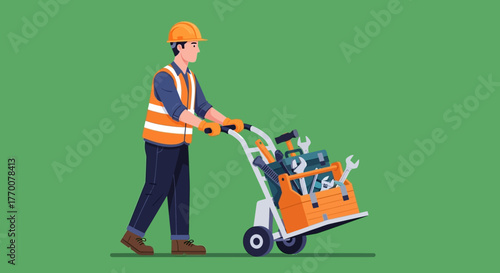 Construction Worker Pushing Cart Full of Tools.