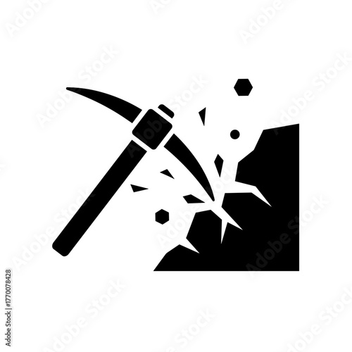 A black and white illustration of a pickaxe striking rock, representing mining, construction, and excavation