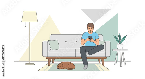 Serene home relaxation: Man engaging with smartphone while his dog rests peacefully